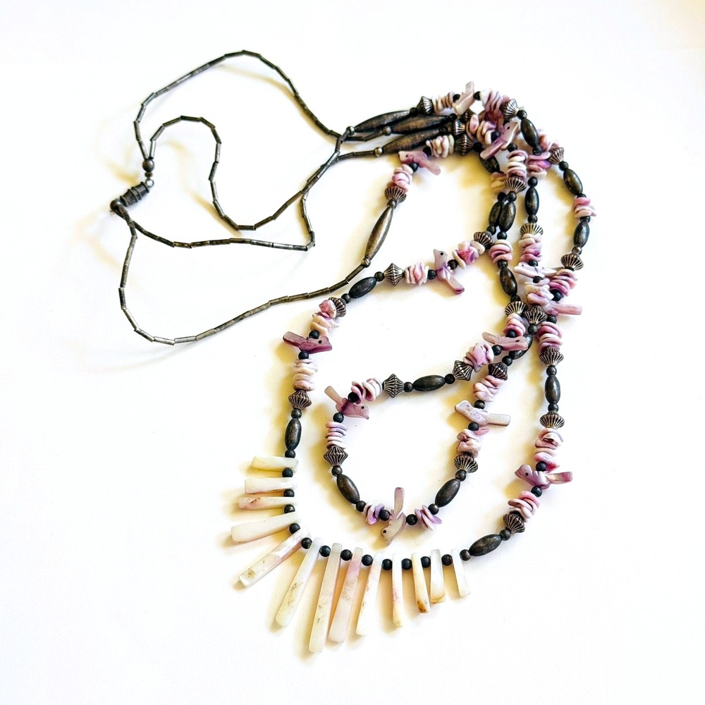 Vtg Native American Dove Necklace purple Spiny oyster Beaded Shell silver 26"